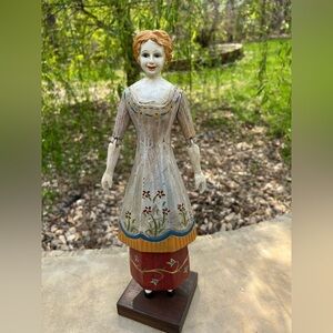Foreside Hand-Painted Folk Art Wooden Figurine in Cream and Red